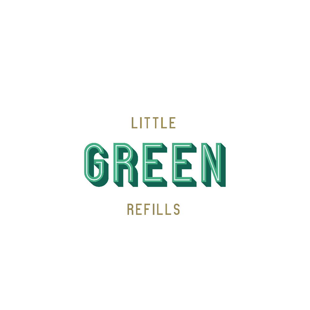 Text graphic with the words 'Little Green Refill' in small font above and below the large, teal, 3D-style word 'GREEN' on a black background.