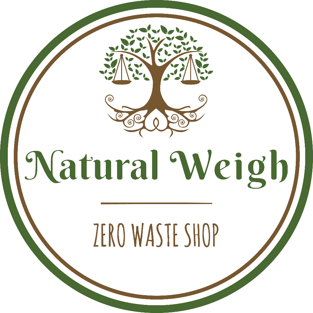 Logo for Natural Weigh Zero Waste Shop featuring a tree with scales hanging from a branch above the shop name.
