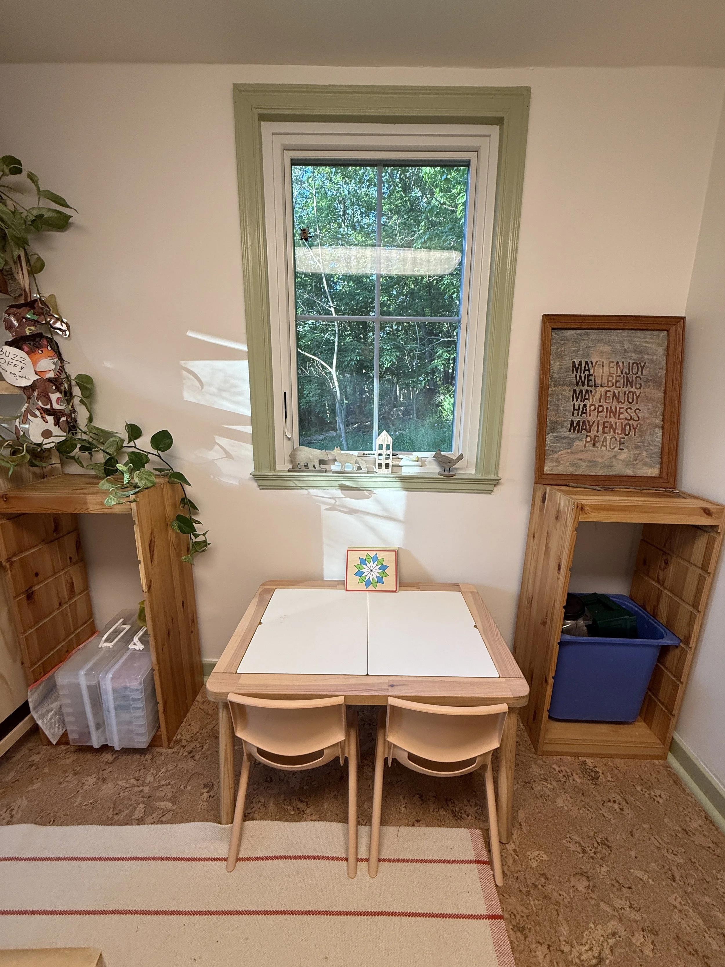 A room with a window showing a view of trees outside, a framed decorative sign on the wall with the words "May I enjoy wellbeing, happiness, peace," a small table with a geometric design, and wooden shelves on either side with storage boxes and plant