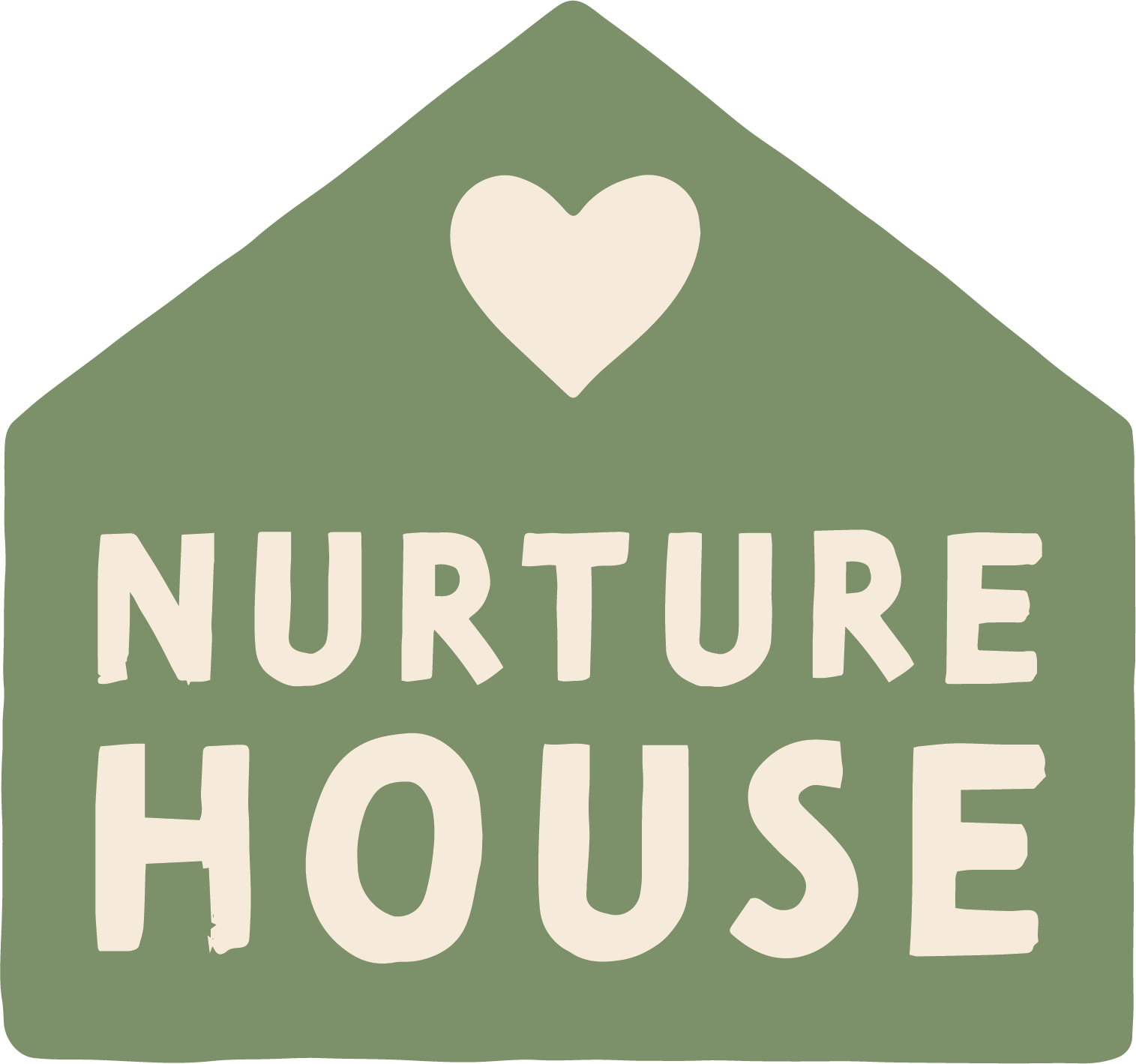 A green house-shaped sign with a white heart at the top and the words 'NURTURE HOUSE' written in large, white, hand-drawn style letters.