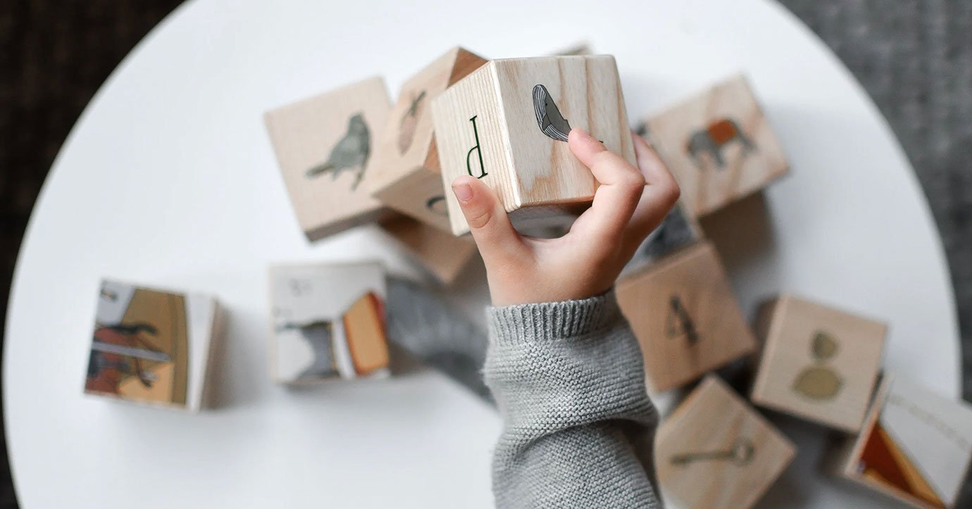 Kid playing with wooden blocks with illustrations of animals and objects with nostalgic feel
