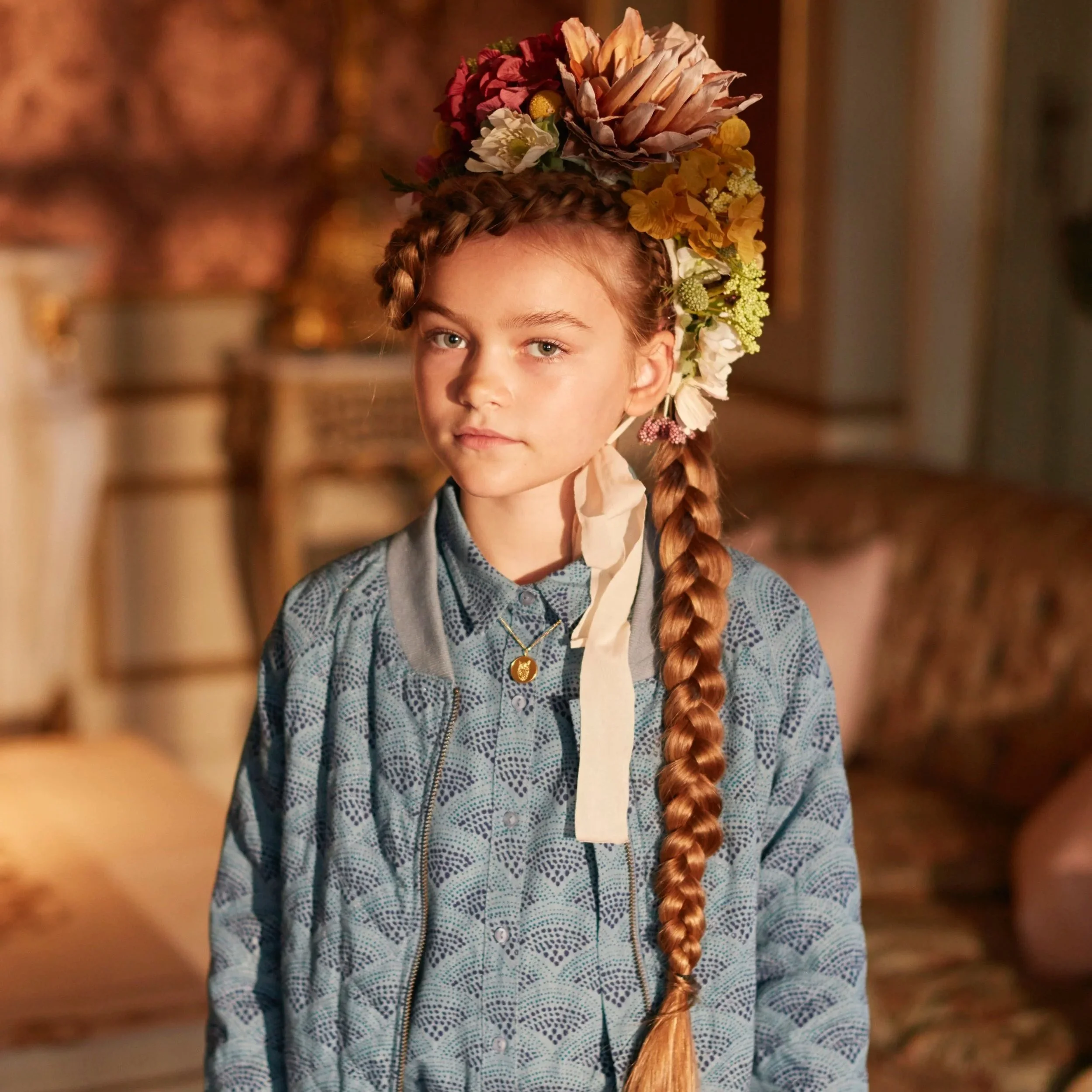 Textile Print Design for soft gallery, showing a girl with flowers in hair, wearing clothing with watercolor painted handmade textile design