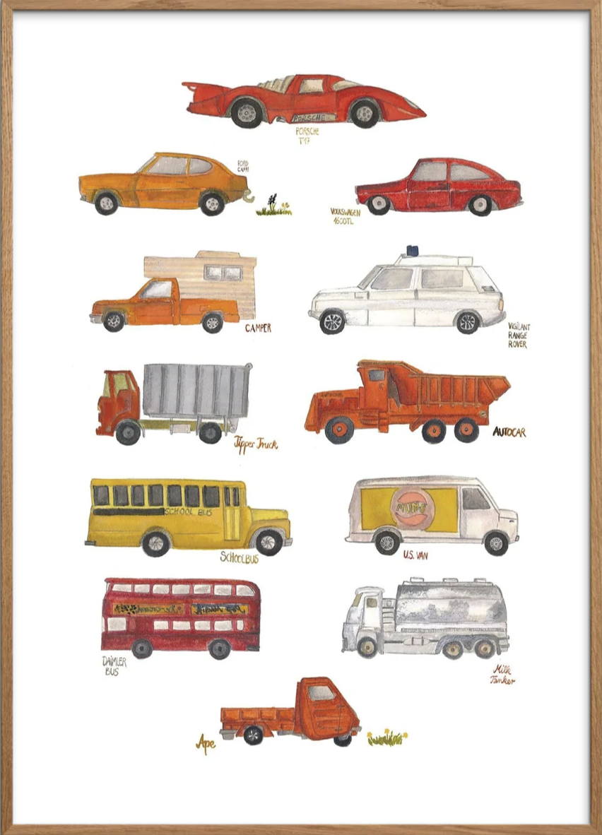 Poster in frame showing diecast cars from the 50s handpainted in watercolour by tiny goods studio