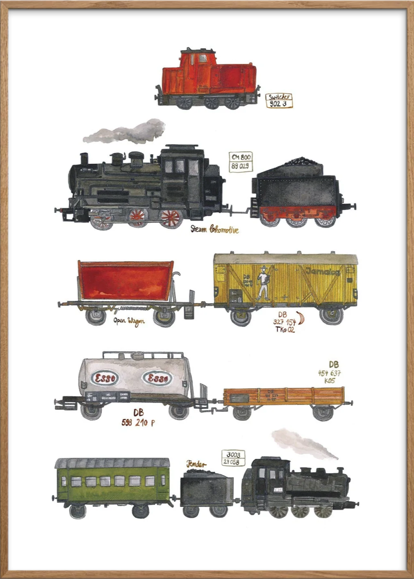 Trains Illustration showing model trains, painted in watercolour by Anna Petersen 