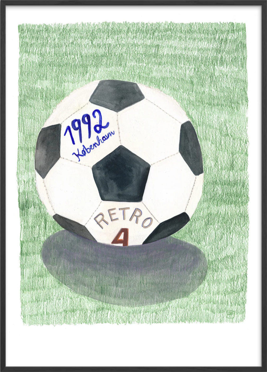 Illustration of football, retro style, handpainted by tiny goods studio for FC København and poster and frame