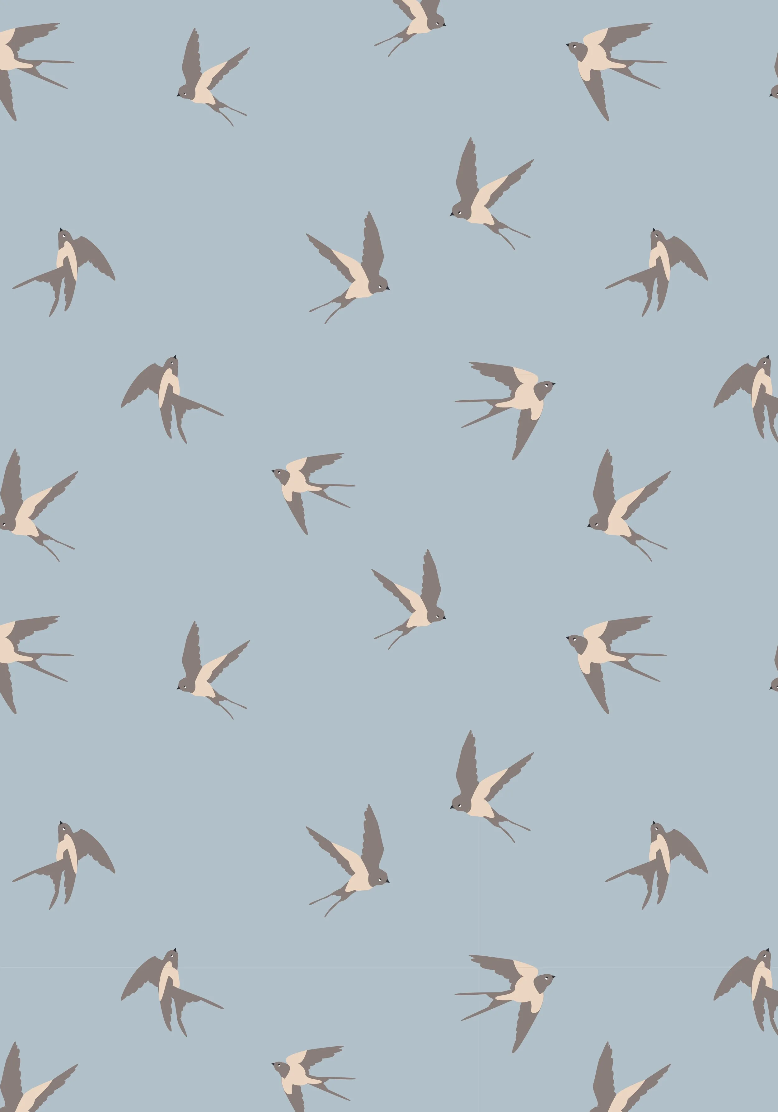 Illustrated pattern of flying swallows on a light blue background ind cute graphic style