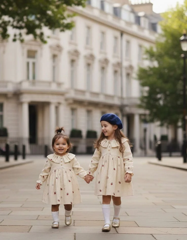 Two girls in dresses with handpainted raspberry print