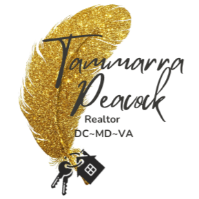 A graphic logo with a gold feather and black text that reads "Tammarra Peacock" and mentions "DC Maryland Virginia Realtor"