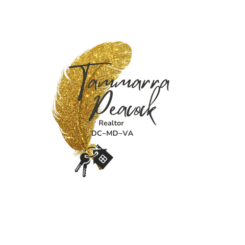 Business card design with a gold glitter feather and the name Tammarra Peacock, Realtor, DC-MD-VA, over a black background.