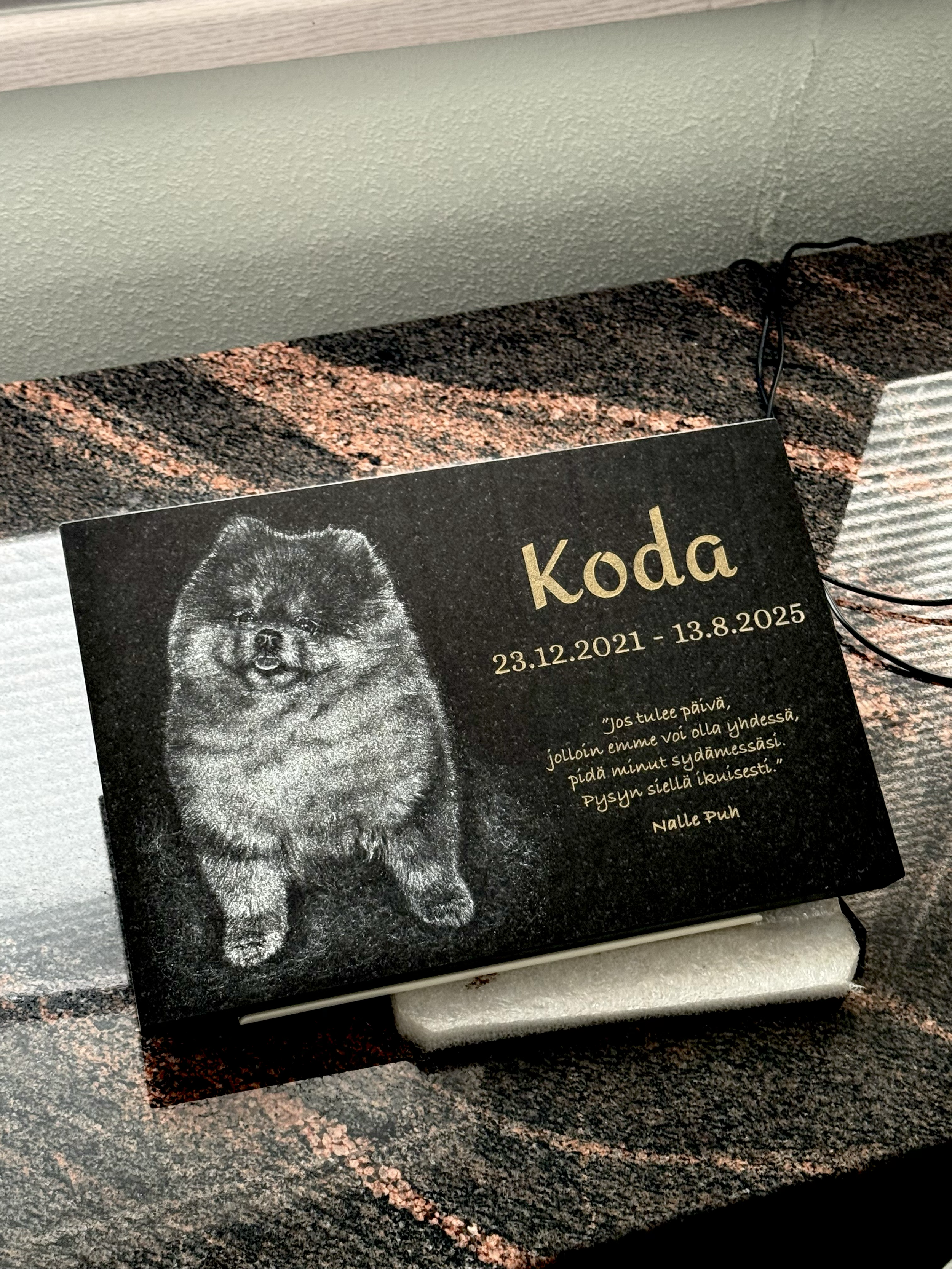 Lemmikin kuvallinen hautakivi Musta Kivi