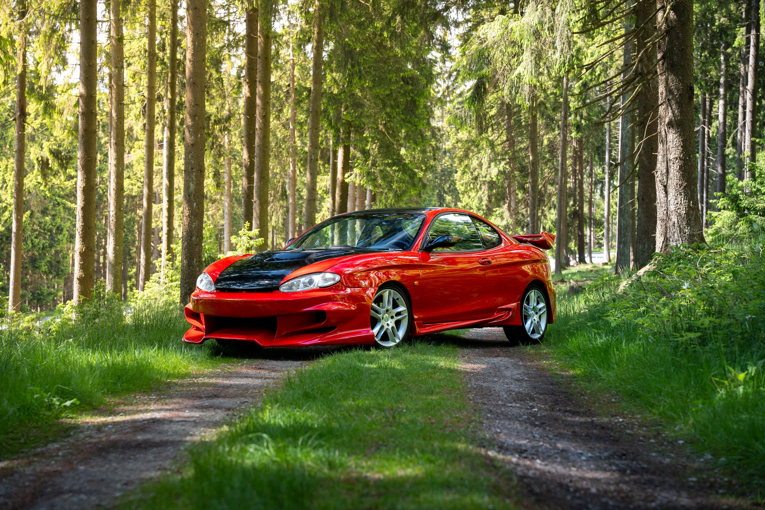 Ein roter Hyundai Coupé, der auf einem schmalen Weg im Wald steht, umgeben von hohen Bäumen und grünem Laub.