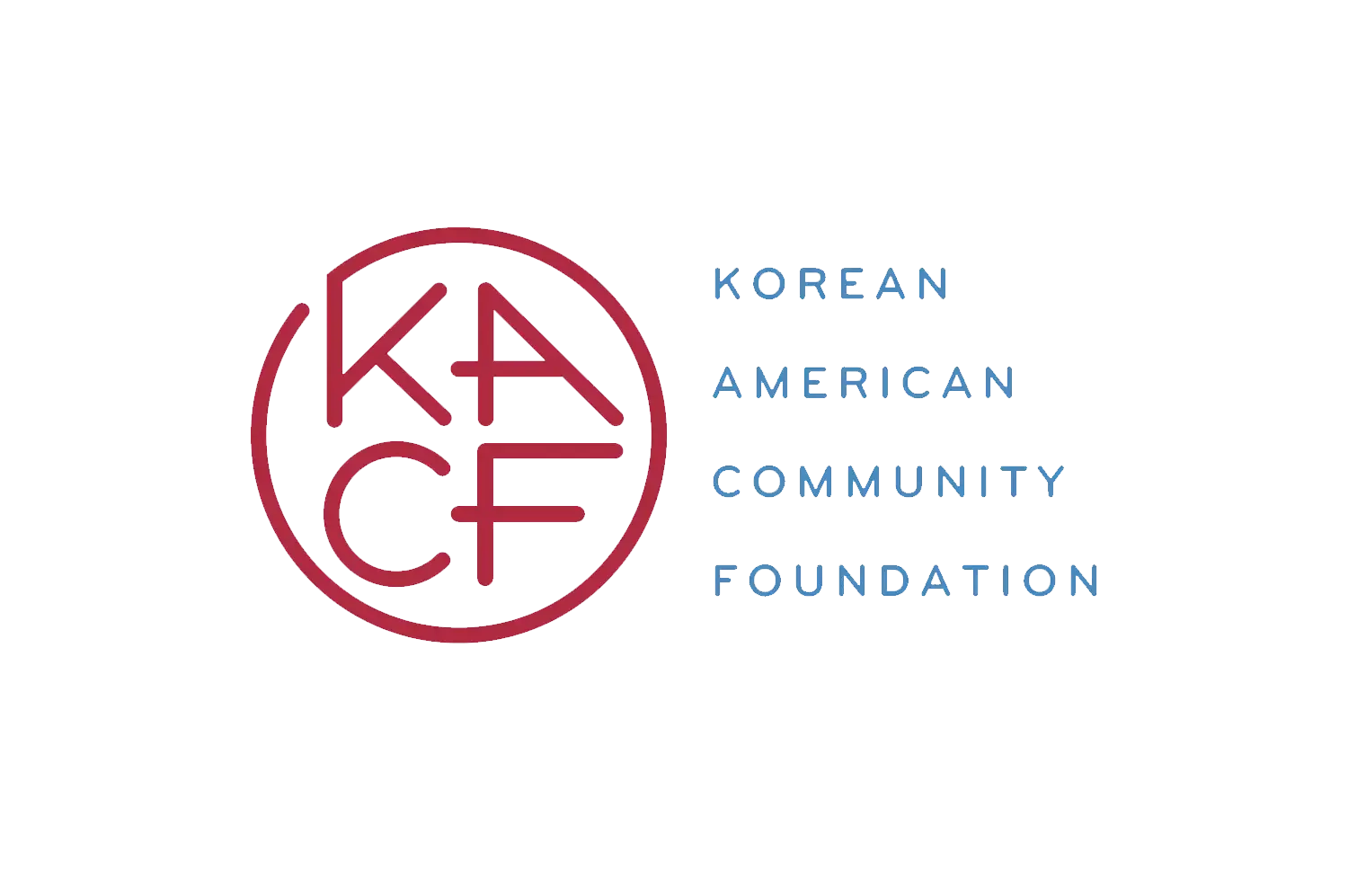 Logo for the Korean American Community Foundation featuring a circular emblem with stylized KACF initials in red and the foundation's name in blue text to the right.