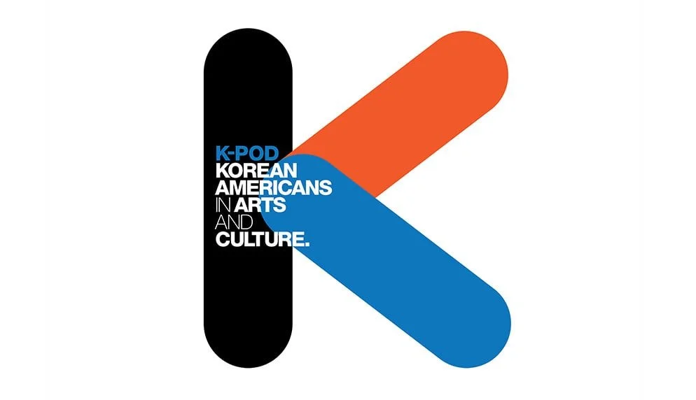 Logo with black, orange, and blue shapes and text that reads "K-POP Korean Americans in Arts and Culture".