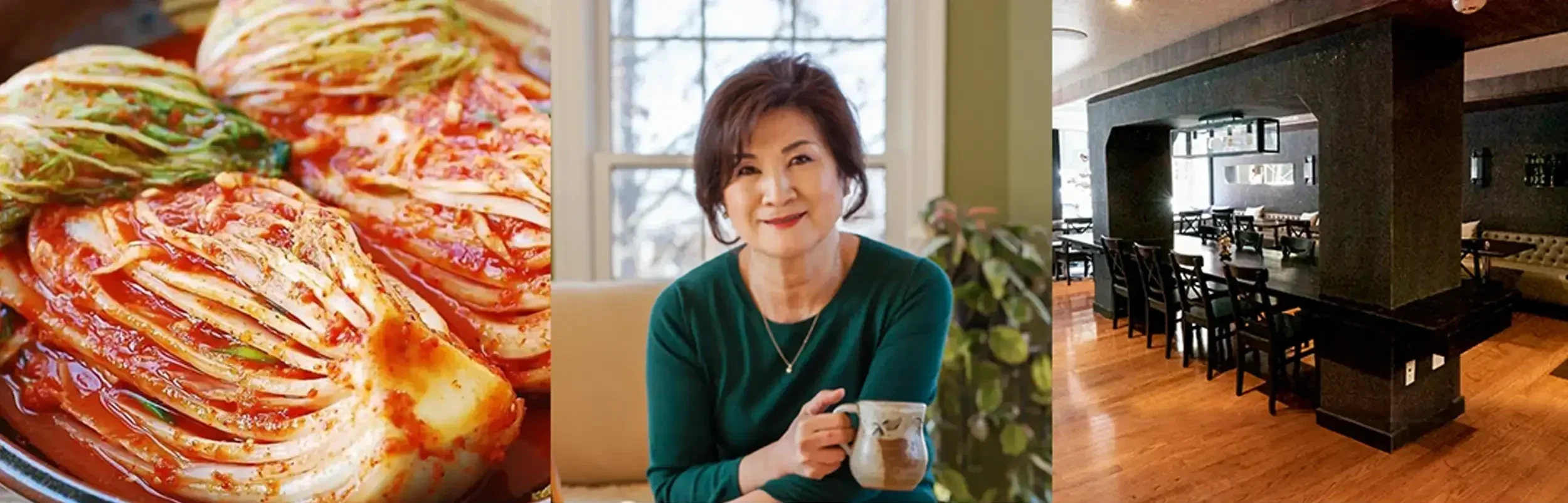 Close-up of a plate of kimchi, an elderly woman sitting with a cup of coffee indoors smiling at the camera, and a cozy restaurant interior with dark walls, wooden floors, and black chairs.