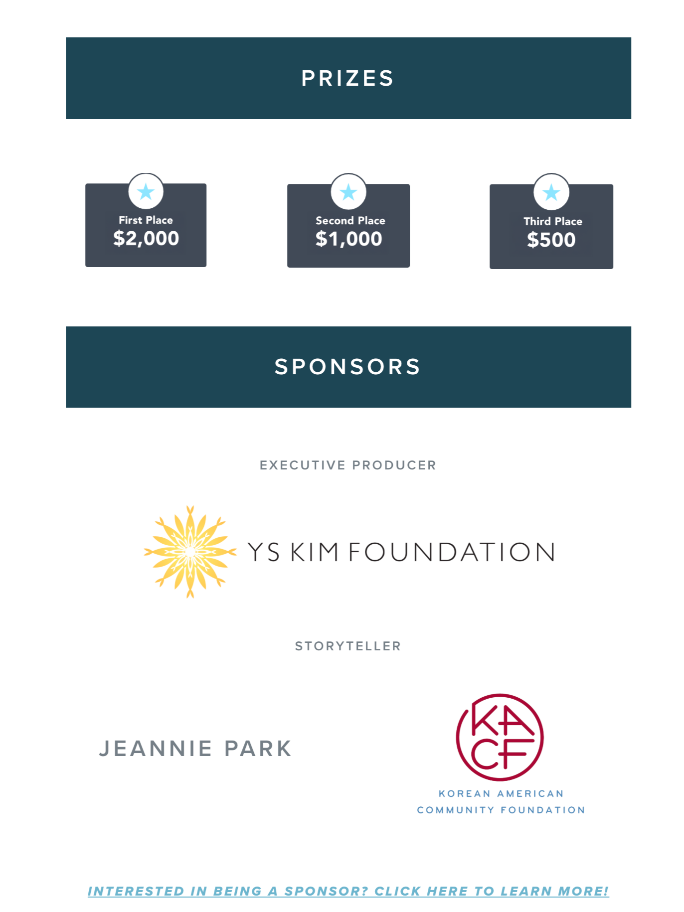 A digital flyer for a charitable event featuring prize details, sponsors, and storytellers. The prizes include cash amounts for first, second, and third places. The flyer mentions the YS Kim Foundation and the Korean American Community Foundation, with a call to action for potential sponsors.