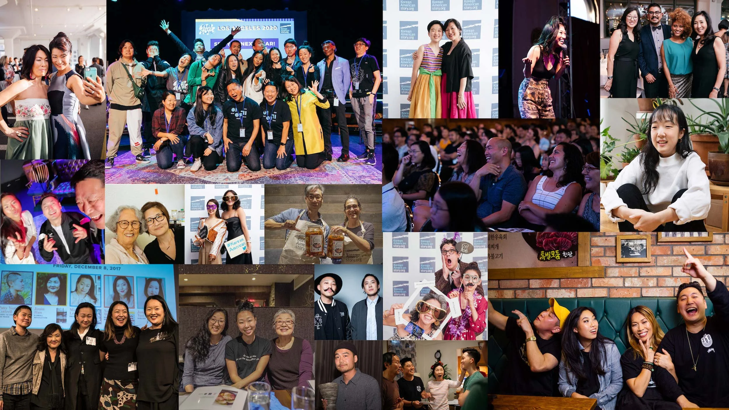 Collage of photos from various social and professional events featuring groups of diverse people smiling, laughing, and posing for pictures at conferences, parties, and gatherings.