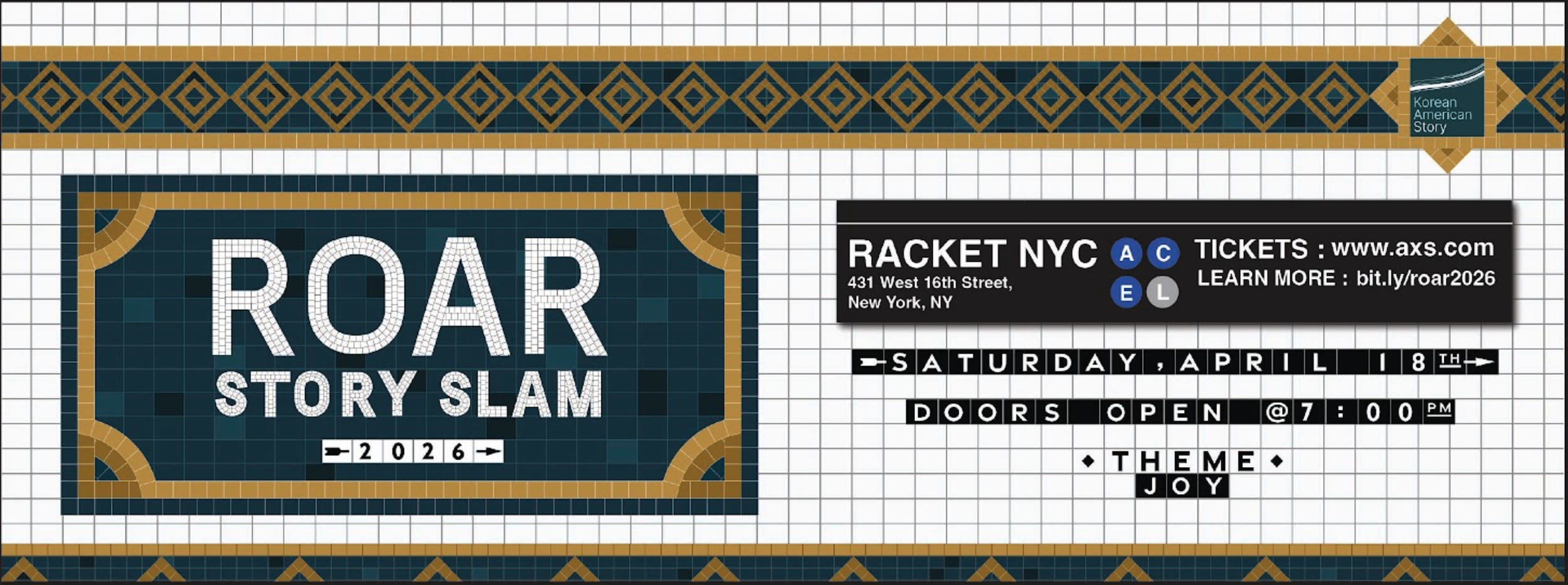 Event sign for ROAR Story Slam at RACKET NYC, taking place on Saturday, April 18th, 2026, at 431 West 16th Street, New York, NY. The sign states doors open at 7:00 PM, and the theme is Joy. Additional info includes ticket details and links.