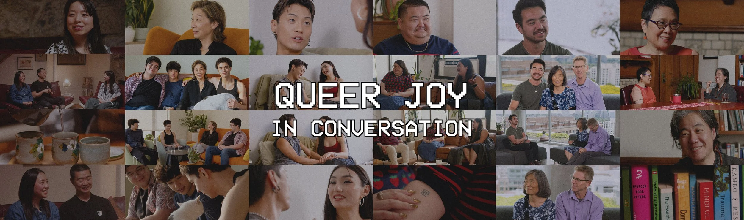 Collage of diverse people engaging in conversations, sitting in groups in different indoor settings, with the text 'Queer Joy in Conversation' overlaid in pixelated font.