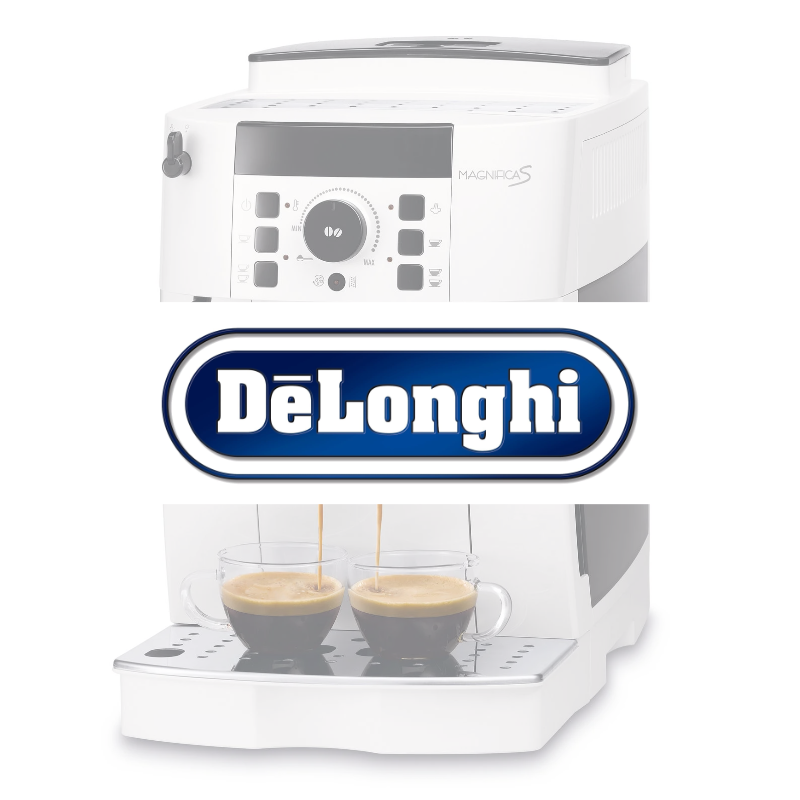 en hvid kaffemaskine fra DeLonghi med kontrolpanel og bæreplade.