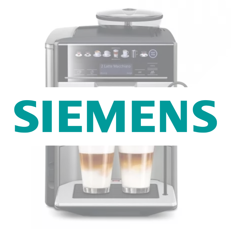En Siemens espressomaskine, der laver to kopper kaffe med lag af mælk og skum.