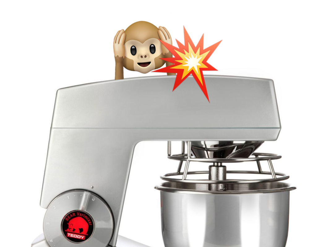 En køkkenblander med en animation af en gear og en eksplosion eller spark, der symboliserer skade eller fejl.