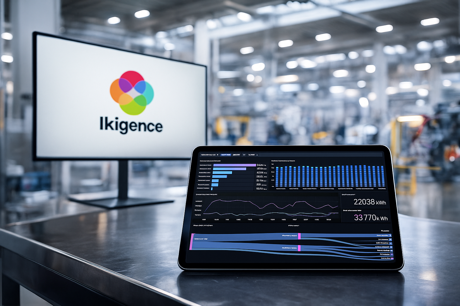 Pantalla de computadora con gráficos y datos de energía, en un entorno industrial, con logo de Ikigence en una pantalla grande en el fondo