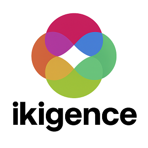 Un logo colorido formado por varios círculos superpuestos en tonos naranja, morado, azul, verde y amarillo, con la palabra 'ikigence' en letras negras debajo.