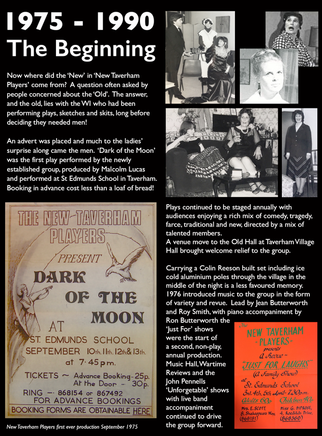 A poster from 1975-1990 about the start of the New Taverham Players theater group, featuring images of women in costumes, a playbill for 'Dark of the Moon', and information about performances, tickets, and history.