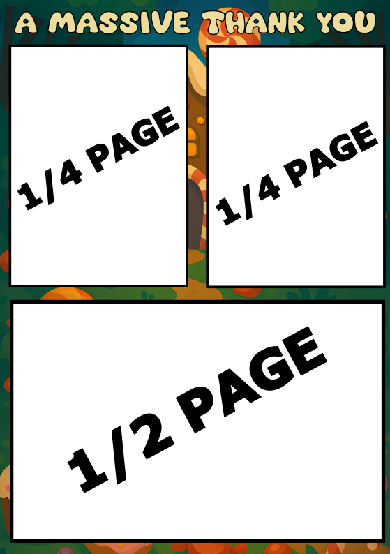 Thank you sign with spaces for advertisements on a green background with orange and brown pumpkins, with text indicating different sized ad spaces: two 1/4 page slots and one 1/2 page slot.