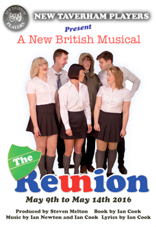 Group of six young people in school uniforms, standing and talking on a white background, promoting a musical titled "The Reunion" from May 9 to 14, 2016.