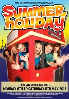Poster for summer holiday event at Taverham Village Hall from May 6th to 11th, 2013, featuring a colorful bus with smiling children.
