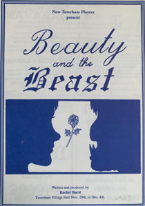 Playbill for a production of 'Beauty and the Beast' presented by New Taverham Players, featuring silhouettes of a woman with a rose between their profiles.