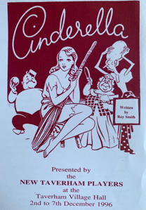 Poster for Cinderella, presented by the New Taverham Players at Taverham Village Hall from December 2-7, 1996, depicting a girl in a dress reading a book, a glass slipper, and a cartoon mouse.
