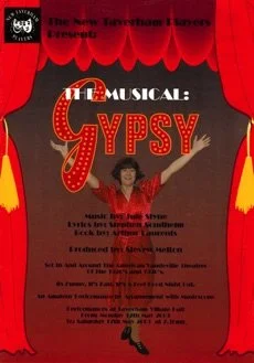 Poster for the musical Gypsy with red curtains, musical notes, and a woman in costume holding a microphone on stage.