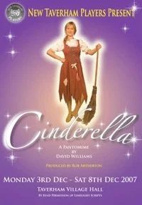 Promotional poster for a Cinderella parody show, featuring a girl in a princess dress holding a vacuum cleaner, with a purple background and white text.