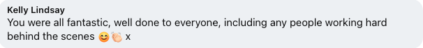 Screenshot of a message from Kelly Lindsay praising a group's effort and teamwork, with emojis.