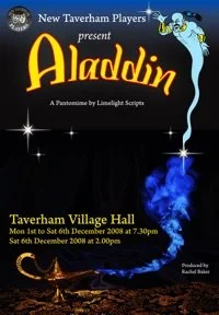 Poster for the New Taverham Players' production of 'Aladdin' at Taverham Village Hall, from December 2008, featuring the magic lamp and a genie.