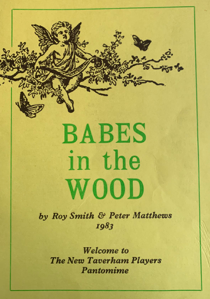 Cover of a playbill titled 'Babes in the Wood' by Roy Smith and Peter Matthews, 1983, featuring an illustration of a fairy sitting on a tree branch with butterflies.