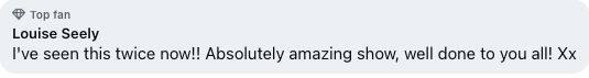 Screenshot of a social media comment praising a show.