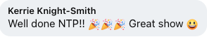 Text message congratulating Kerrie Knight-Smith for a great show with celebratory emojis and a smiley face