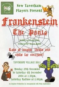Poster for a theatrical production of Frankenstein the Panto at Taverian Village Hall. Features a bat and a green Frankenstein monster. Text includes production details, dates, and times.