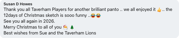 A text message from Sue at the Taverham Lions thanking players for a fun Christmas event, wishing Merry Christmas, and looking forward to 2026, with emojis including a thumbs up, laughing faces, a rainbow, and a Christmas tree.