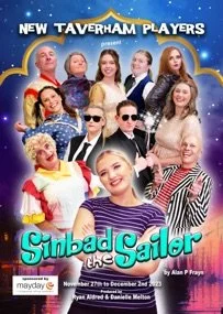 Promotional poster for the theatrical production 'Sinbad the Sailor' by New Taverham Players, featuring a cast of actors in costume, some with sunglasses, against a starry blue background.