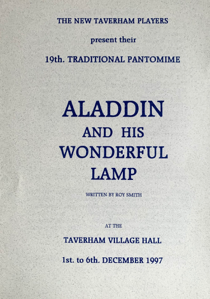 Playbill for a theatrical production titled 'Aladdin and His Wonderful Lamp,' presented by The New Taverham Players at Taverham Village Hall on December 6, 1997.