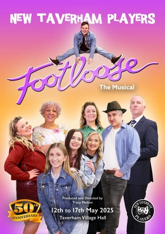 Poster for the musical 'Footloose' featuring a smiling cast of diverse actors, with a man jumping in the air above the title, and details about the production, including dates, location, and a 50th anniversary logo.