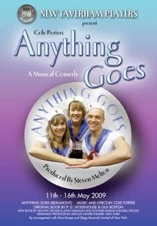 Promotional poster for the musical comedy 'Anything Goes' featuring three smiling performers in blue costumes, with the show's title and production details.