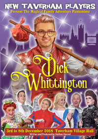 Promotional poster for New Tavermah Players featuring Dick Whittington, a theatrical show, with a smiling young man in glasses holding a large broom, and imagery of a cityscape, a sack, and characters in costume at the bottom. The event runs from December 3rd to 8th at Tavermah Village Hall.