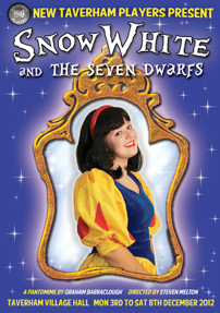 Poster for Snow White and the Seven Dwarfs musical production, featuring a woman dressed as Snow White in front of a decorative mirror with a purple background and stars.
