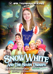 Promotional poster featuring children dressed as dwarfs from Snow White, set in a fairy tale forest background, advertising a holiday production.
