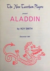 Cover page of a playbill for Aladdin by Roy Smith, presented by The New Tavernham Players, December 1981, with a red line drawing of a genie in a stylized, cartoonish form.